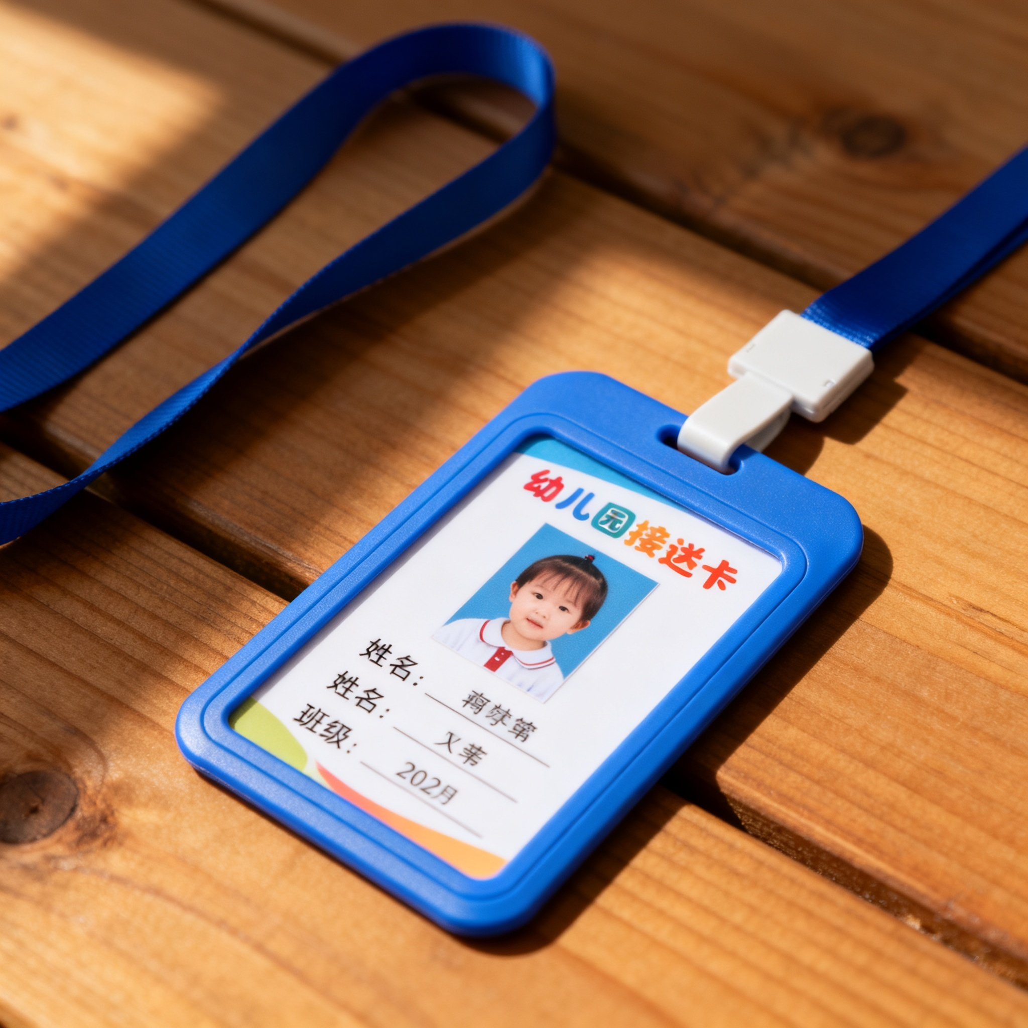 jimeng-2026-10-04-7467-特写展示一张幼儿园接送卡，卡片上有幼儿照片、姓名、班级，配有蓝色卡套和挂绳，放在....png