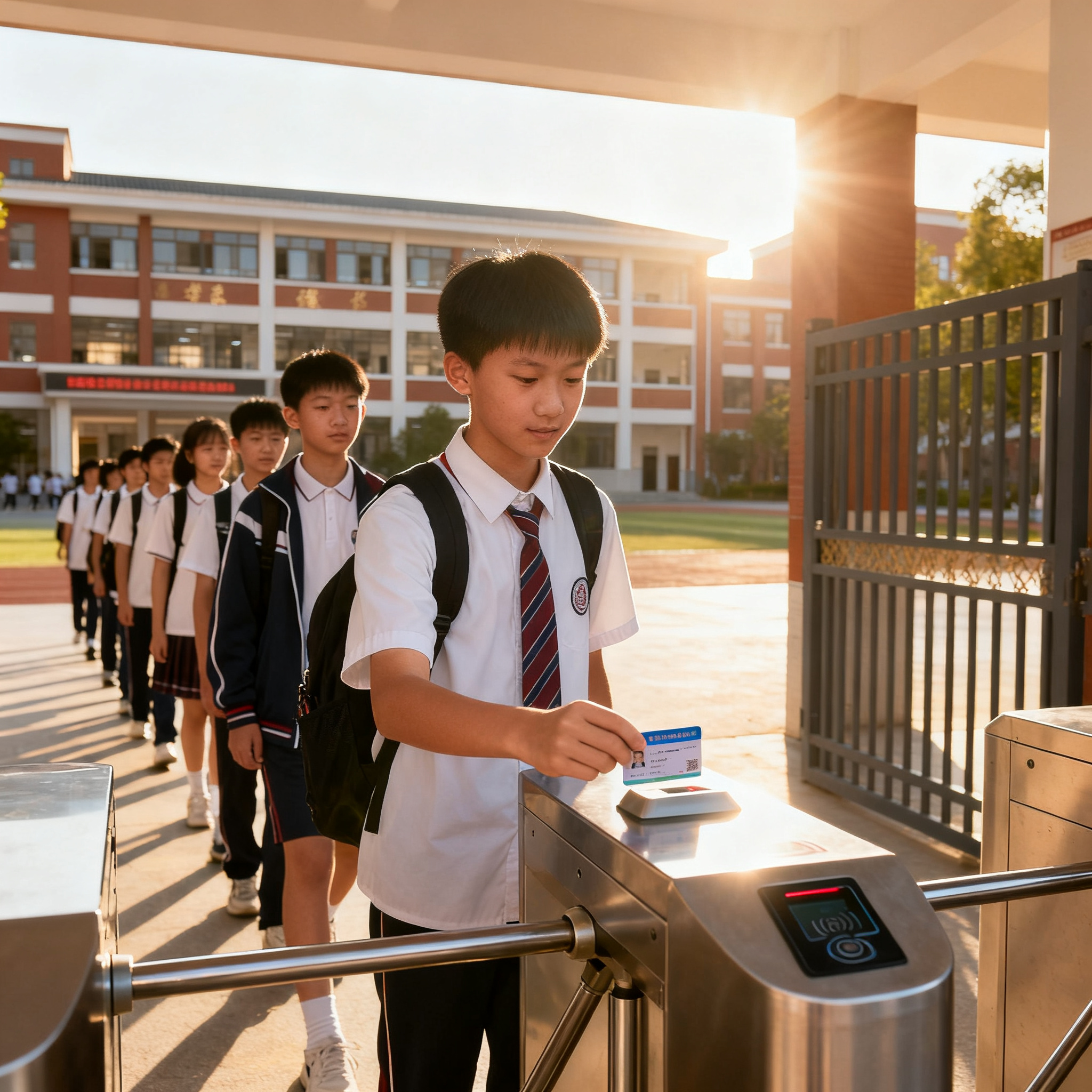jimeng-2026-10-04-1414-中小学校园,学生排队进入校门,手持校园卡在闸机上刷卡,背景是教学楼,阳光明媚,秩....png
