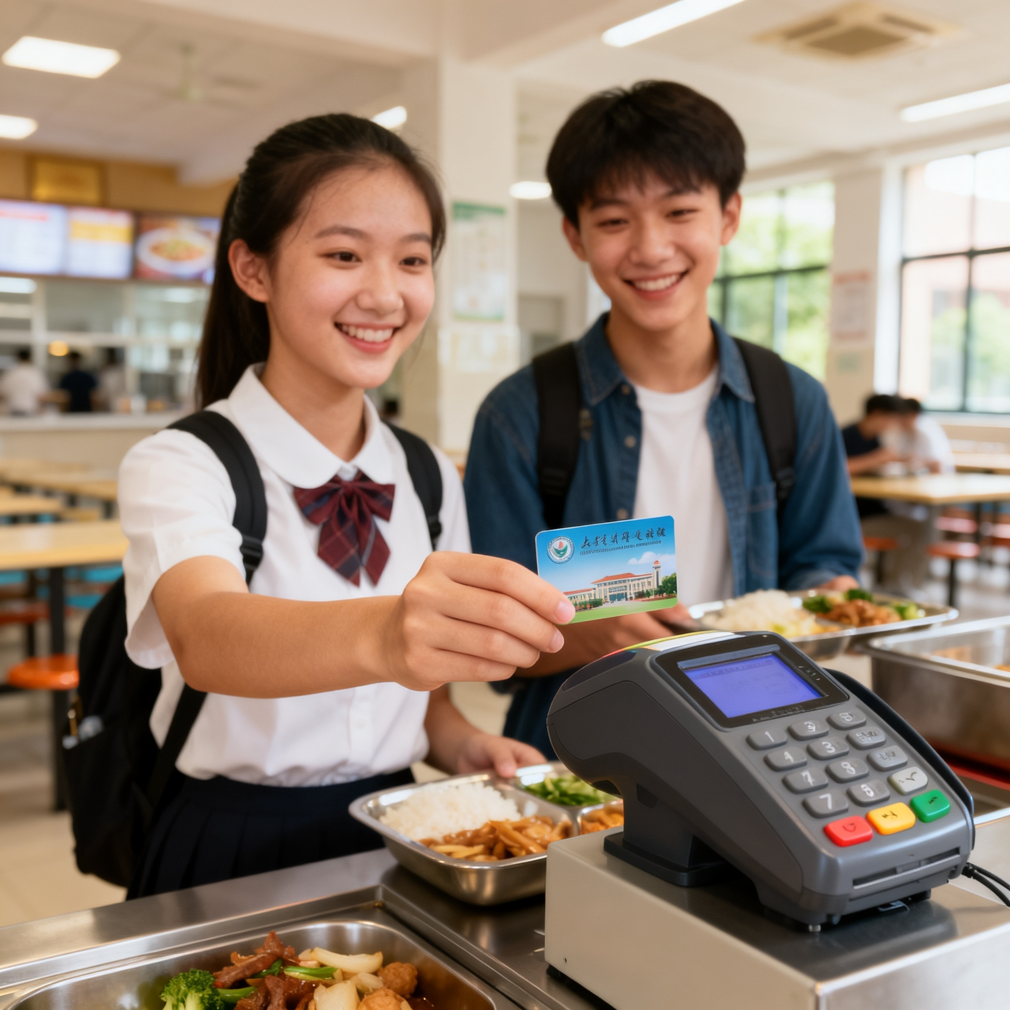 jimeng-2026-10-04-8256-学校食堂,学生用校园卡在消费POS机上刷卡买饭,食堂环境整洁,学生微笑,专业摄影....png