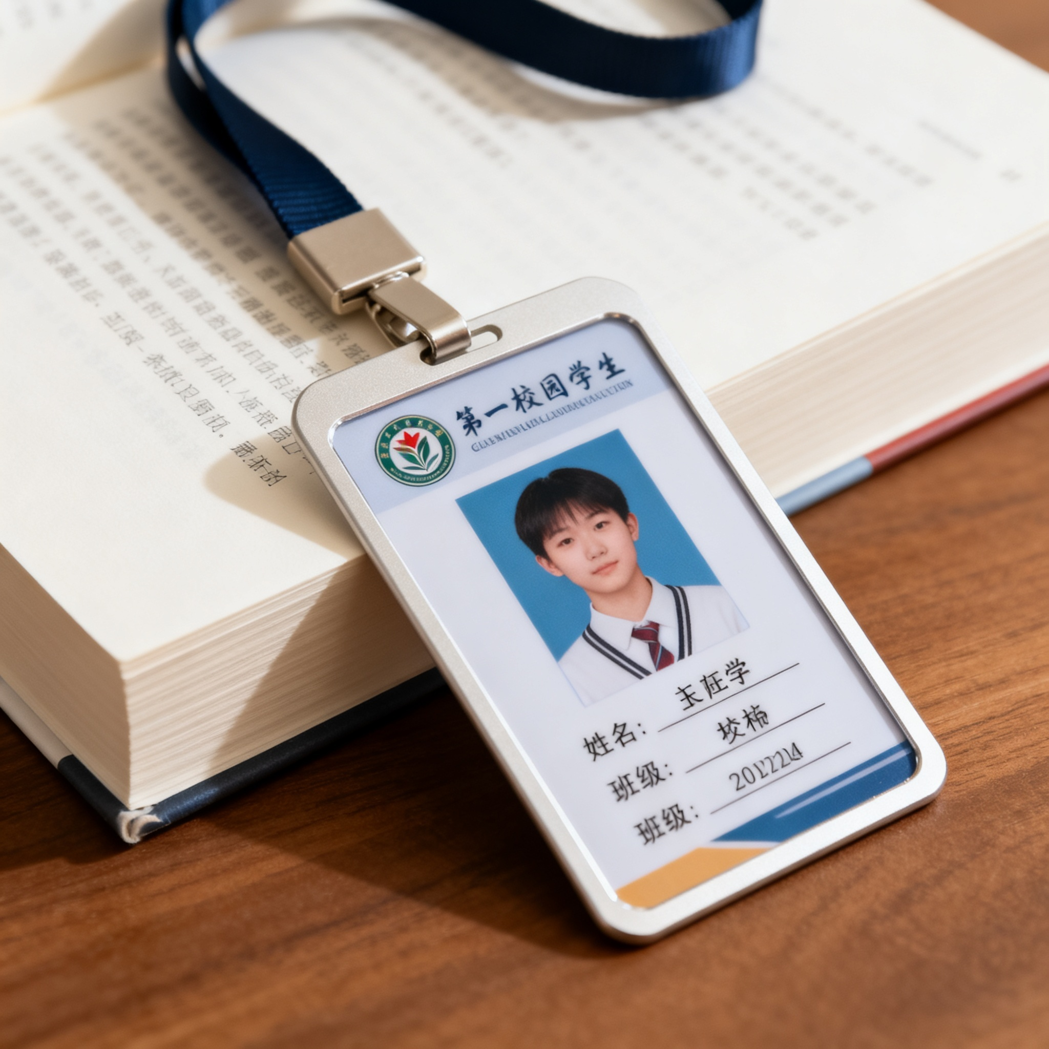 jimeng-2026-10-04-7277-特写展示一张中学生校园卡,卡面有学生照片、姓名、班级、校徽,配有挂绳,放在书本上....png