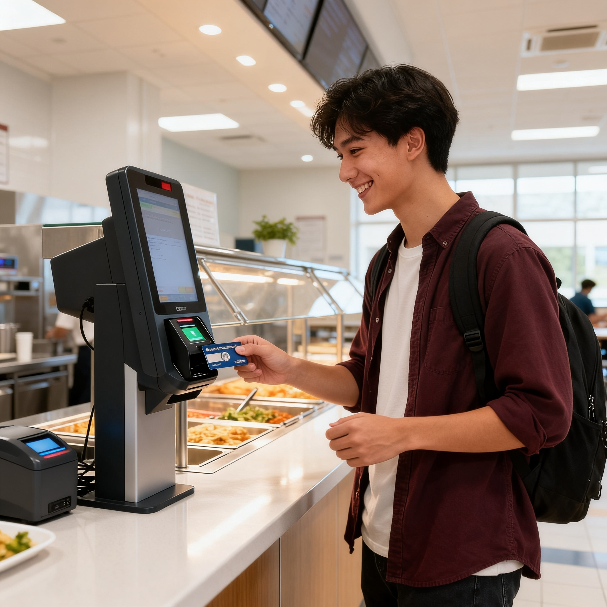 jimeng-2026-10-04-7357-大学食堂，学生用校园卡在自助点餐机上刷卡支付，食堂现代明亮，学生微笑，专业摄影，....png