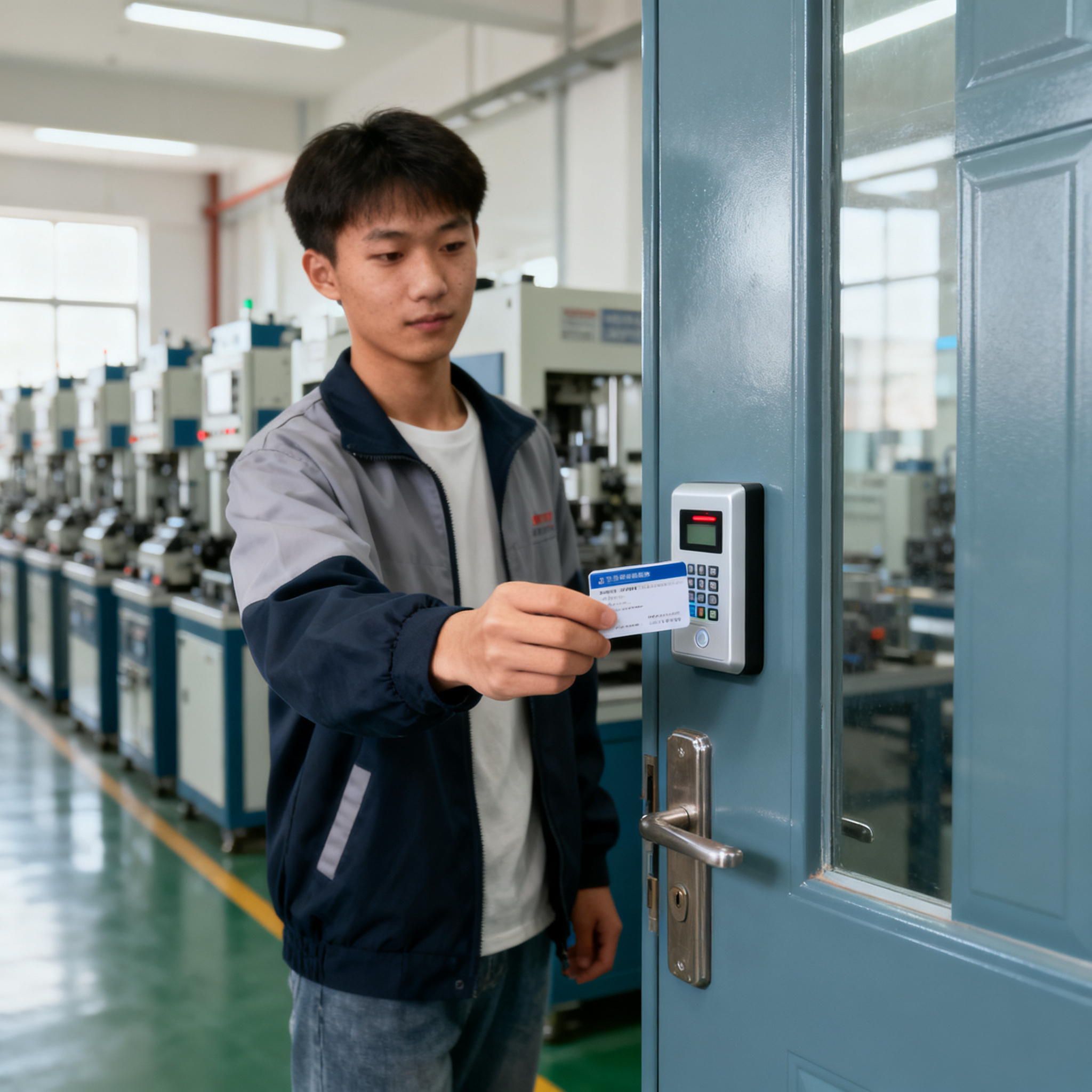 jimeng-2026-10-04-2352-职业院校实训室门口，学生刷卡进入实训室，门上安装读卡器，背景是实训设备，专业摄影....png