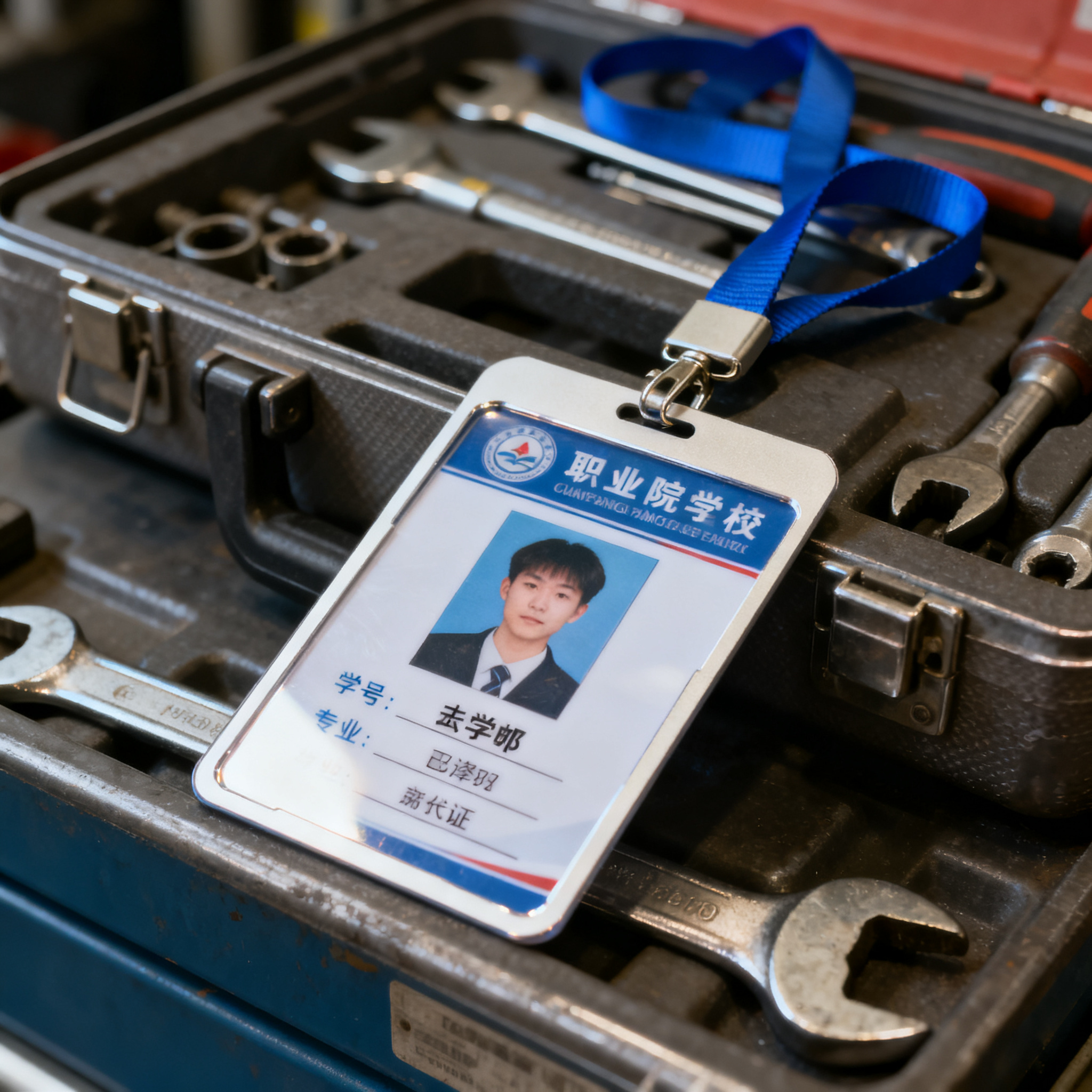 jimeng-2026-10-04-9707-特写展示一张职业院校学生卡，卡面有照片、姓名、学号、专业，配有挂绳，放在工具箱上....png