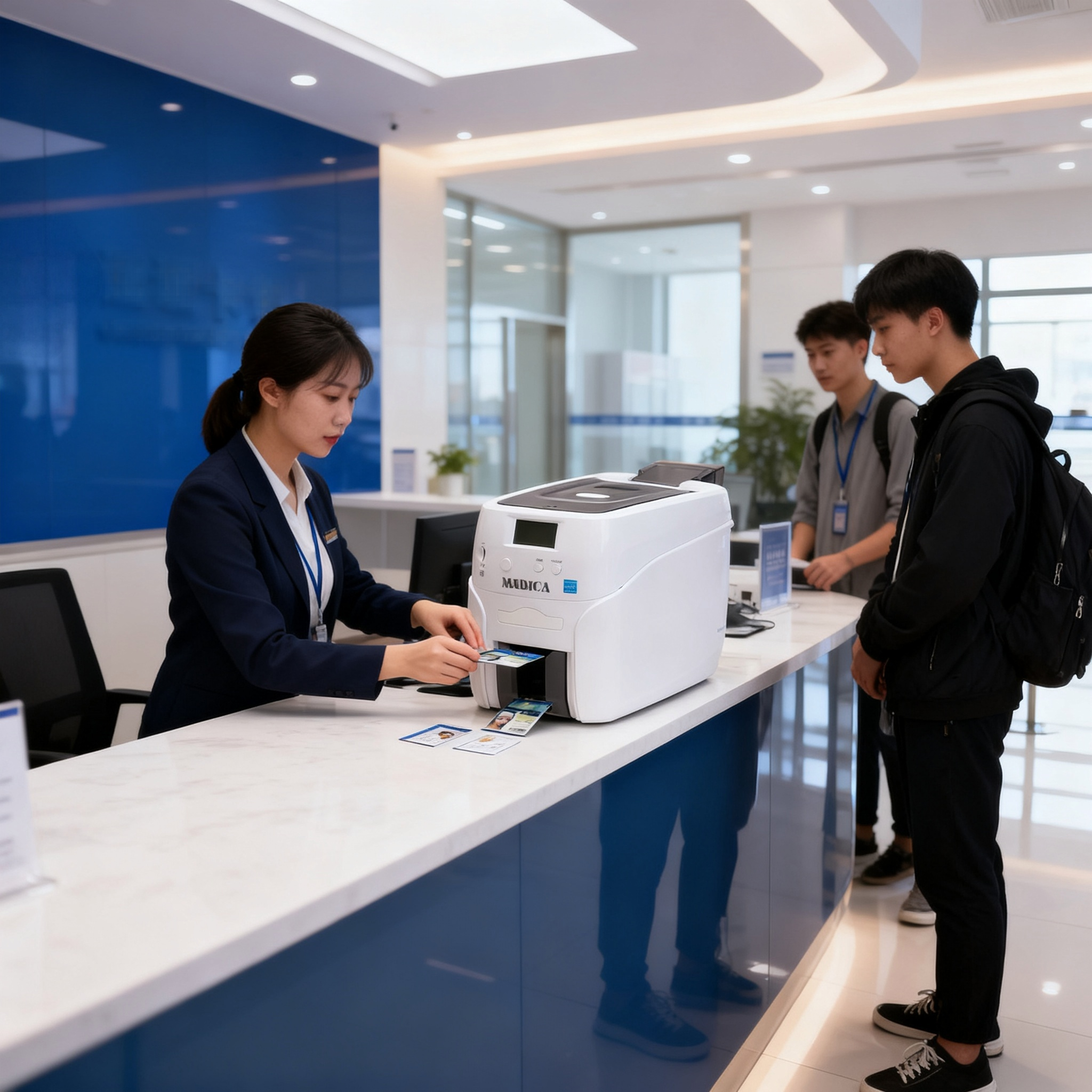 jimeng-2026-10-05-9812-用提供的图片打印机外观，生成时打印机要正常大小比利，培训机构前台，工作人员正在用....png