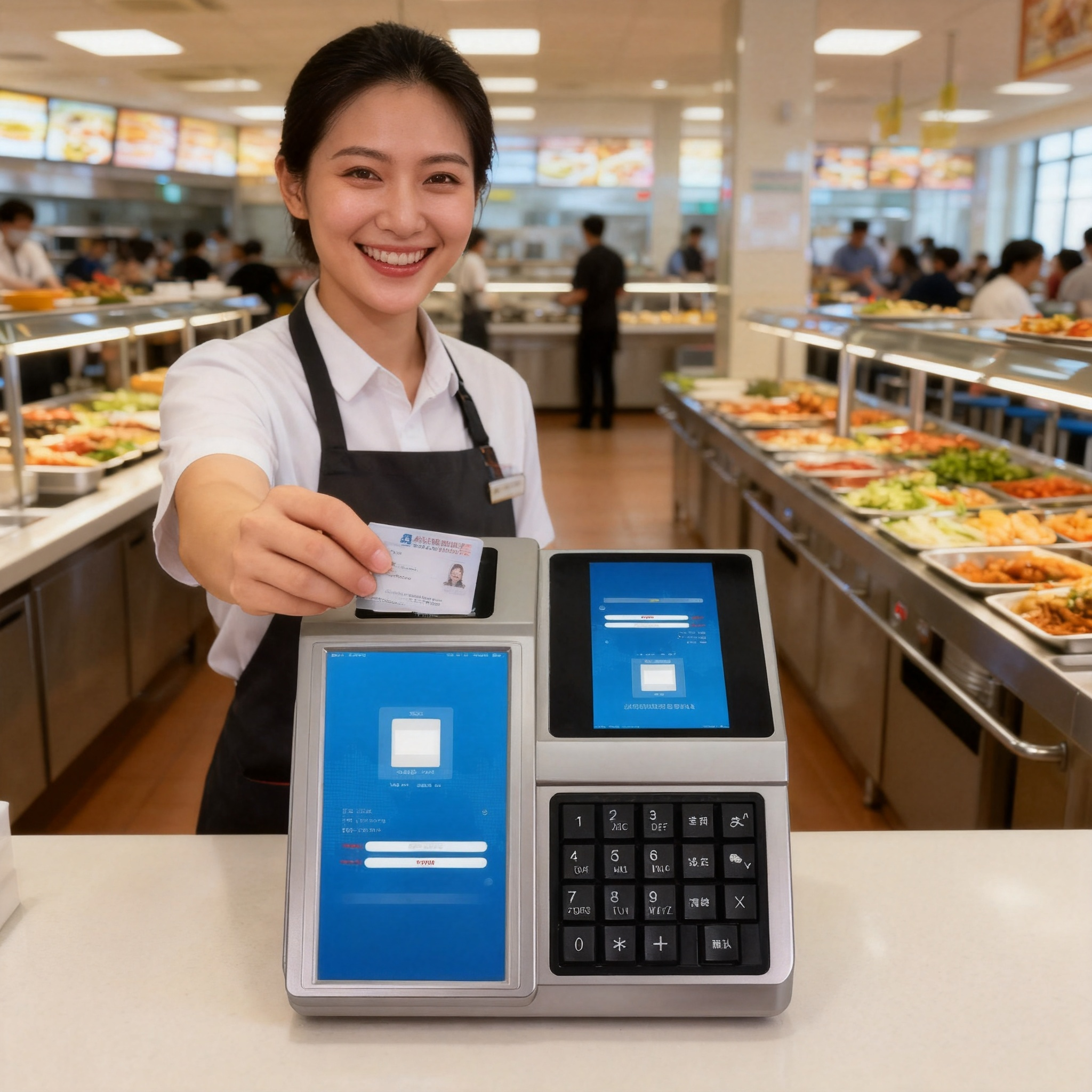 jimeng-2026-10-05-7372-企业食堂，员工用员工卡在消费POS机上刷卡买饭，食堂环境整洁，员工微笑，专业摄影....png