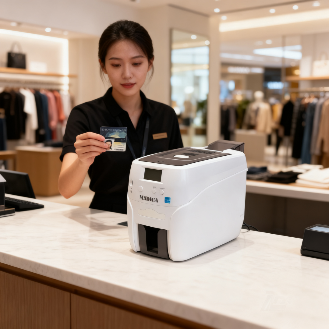 jimeng-2026-10-20-7422-零售店铺前台，工作人员拿里拿着刚刚证卡打印机打印好的会员卡，手拿着正在看新制作好....png